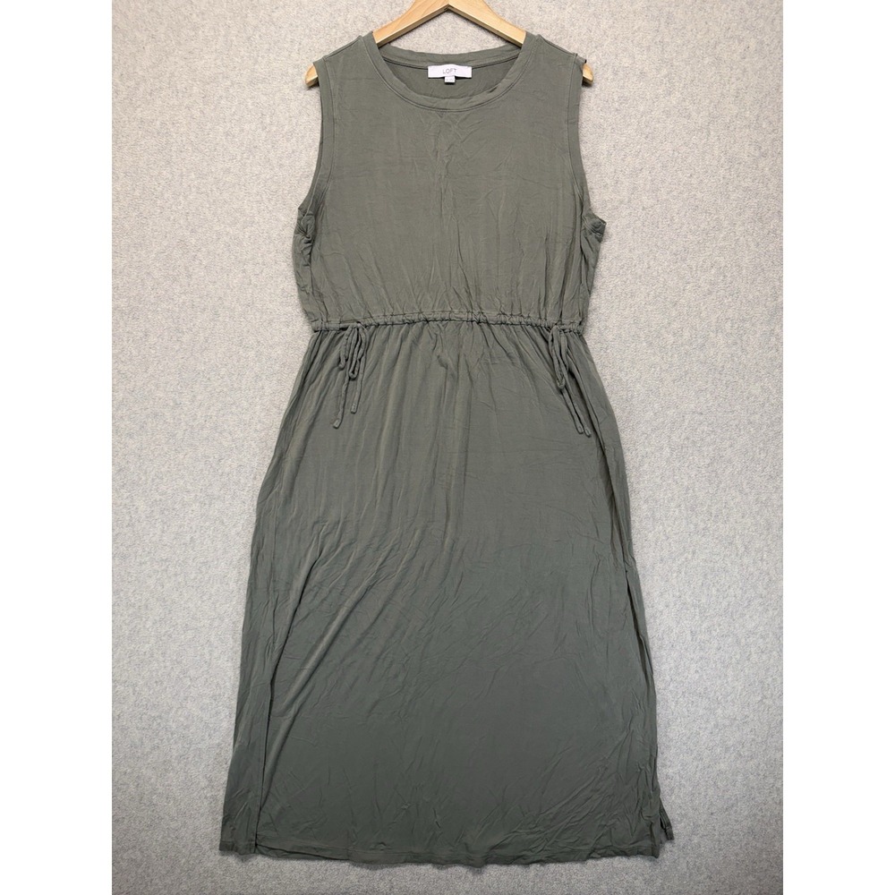 LOFT Women's XXL Olive Green Sleeveless Midi Dress Drawstring Waist Casual